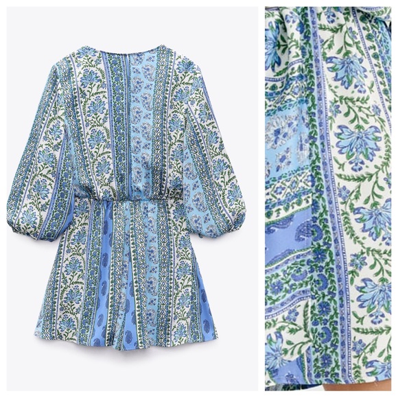 NWT. Zara Blue Patchwork Print Wrap-Around Jumpsuit - Picture 5 of 9